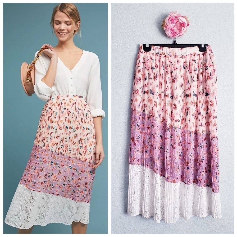 Anthropologie Laia Floral Lace Pleated Midi Skirt